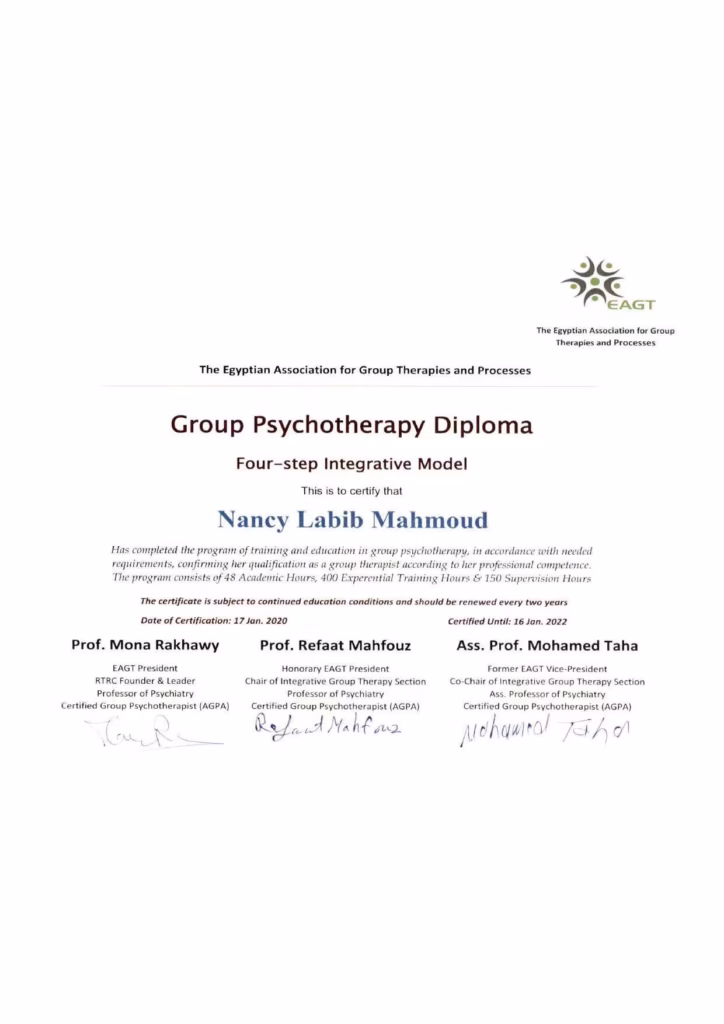 Group therapy certificate for Dr. Nancy Labib